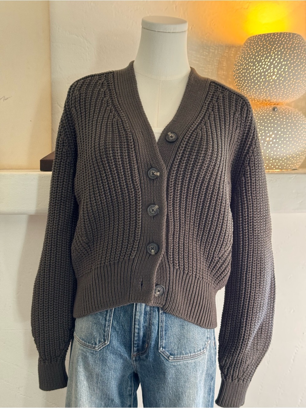 Everlane Moss Sage Chunky Cotton Cardigan Small Heavy Rib Knit Sweater